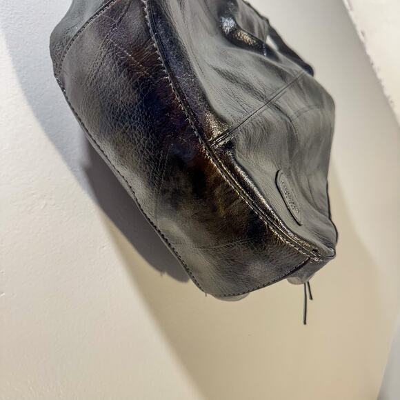 JING PIN PI JU Small Hobo Bag Shimmer Metallic Patent Black Shoulder Purse Y2K - Picture 4 of 9